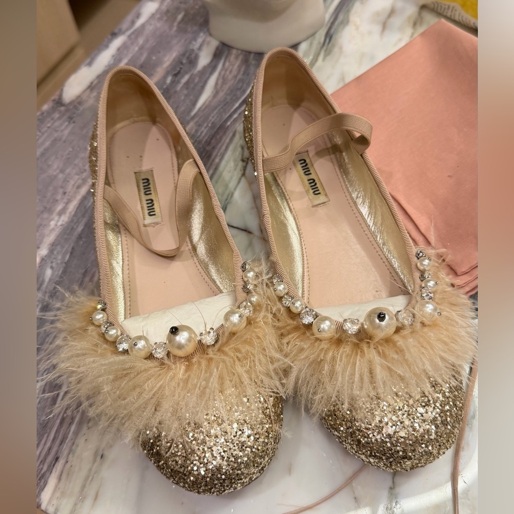 MiuMiu glitter feather ballet flats 39